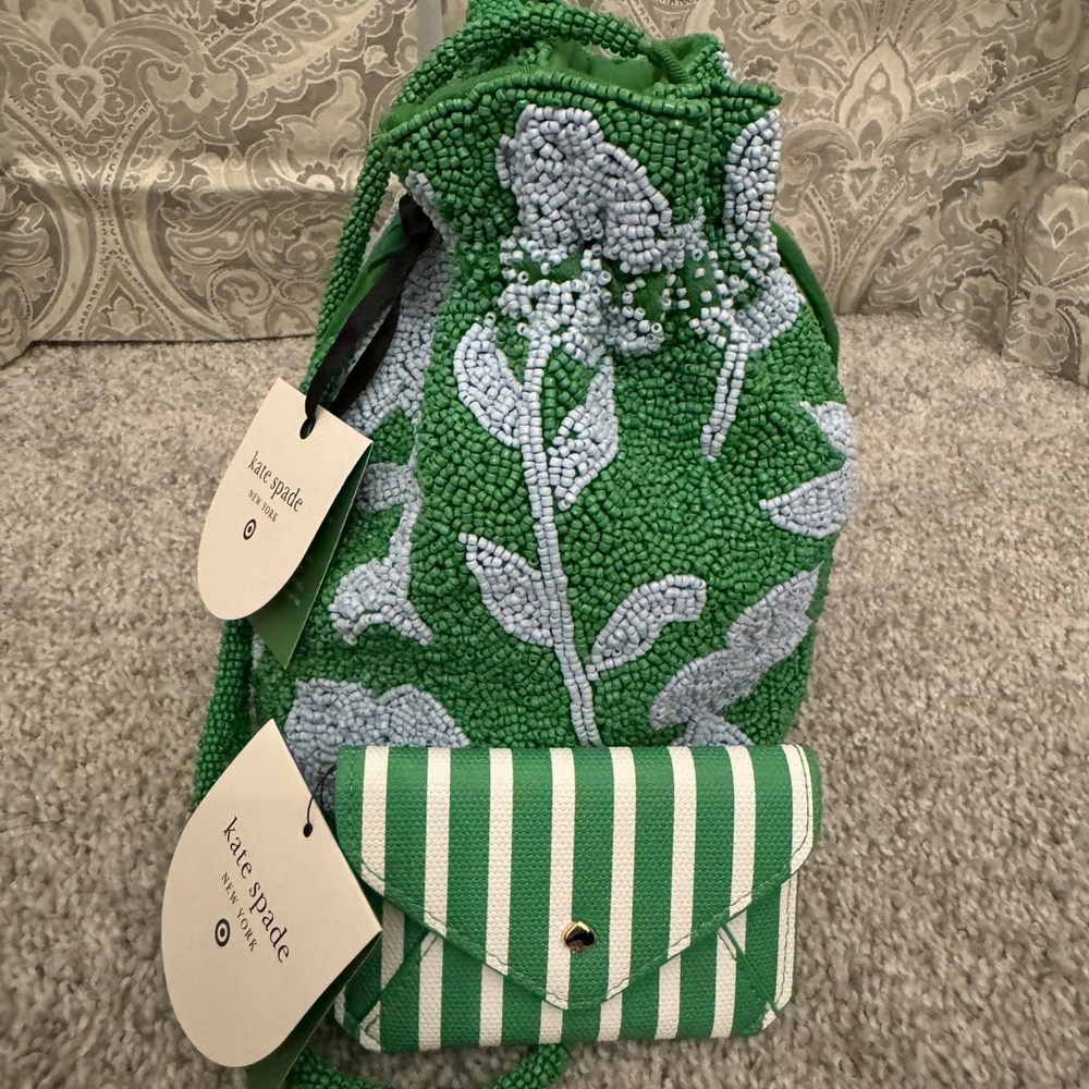 Kate Spade Green Beaded Floral Bag and small wallet